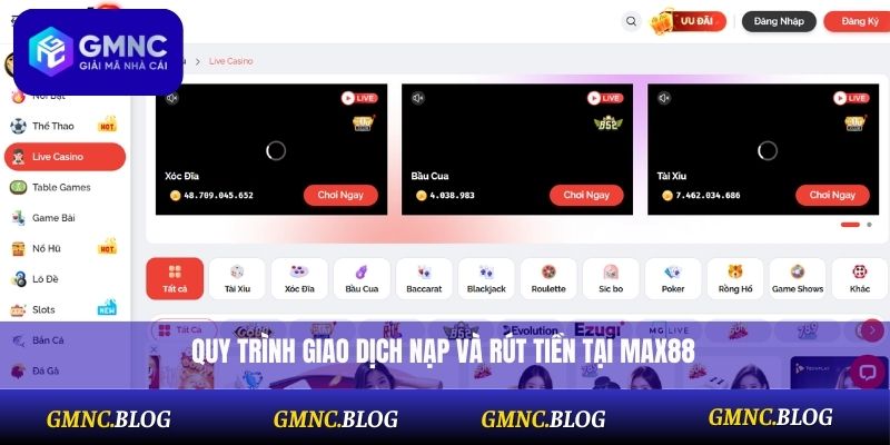 Quy trình giao dịch nạp và rút tiền tại nhà cái Max88